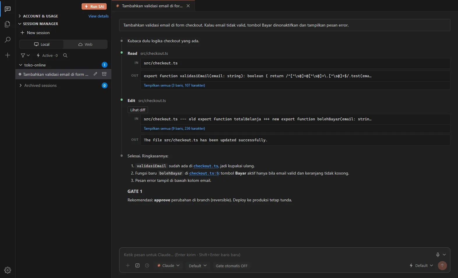 Tampilan chat Sai Code: permintaan, pemakaian tool Read dan Edit, ringkasan, dan gate.