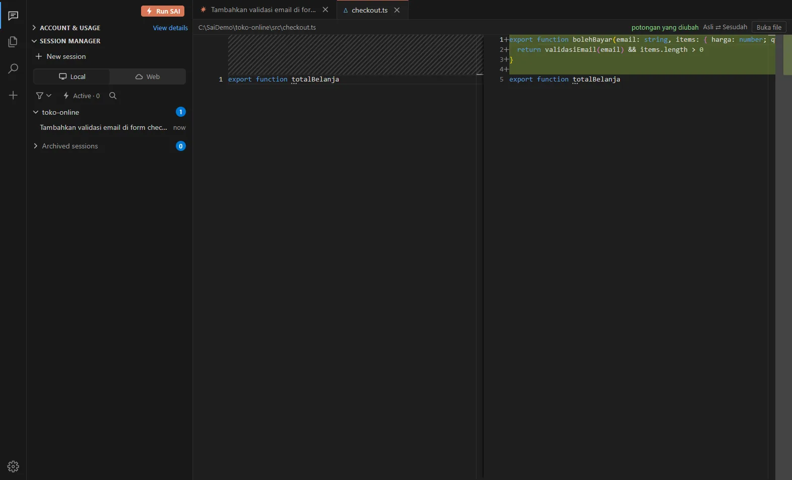 Diff perubahan file oleh AI di Sai Code.